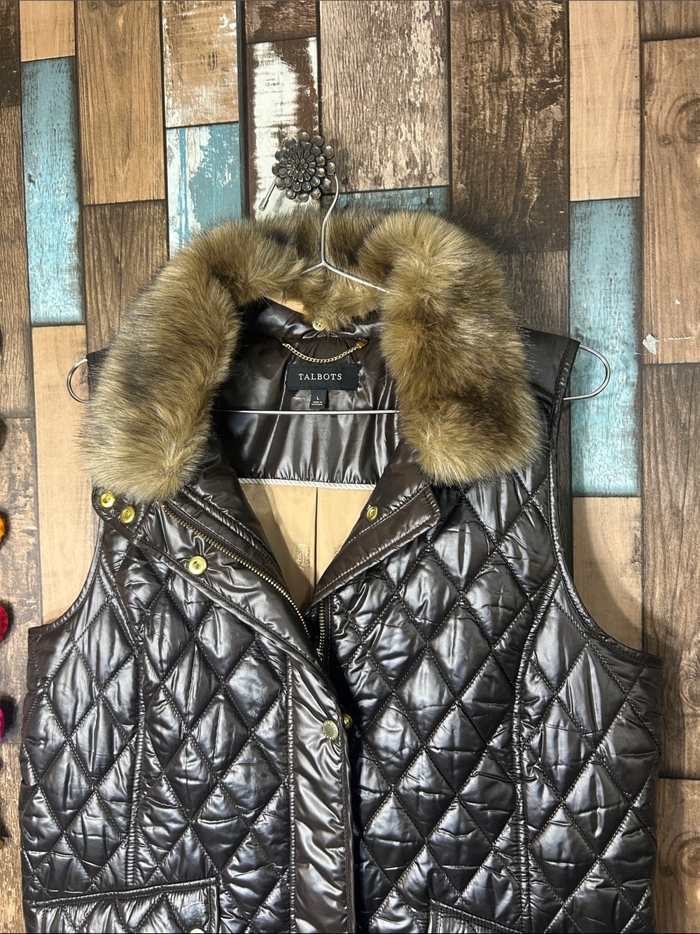 Talbots Quilted Faux-Leather Vest with Faux-Fur Collar - Dark Brown - Picture 3 of 16